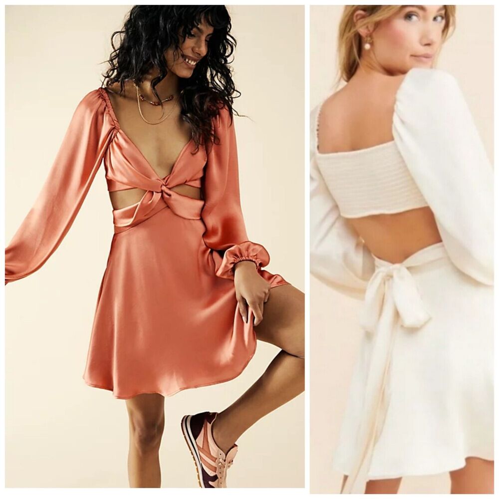 NWT Free People Justin Satin Cut Out Mini Dress Coral $298 Medium